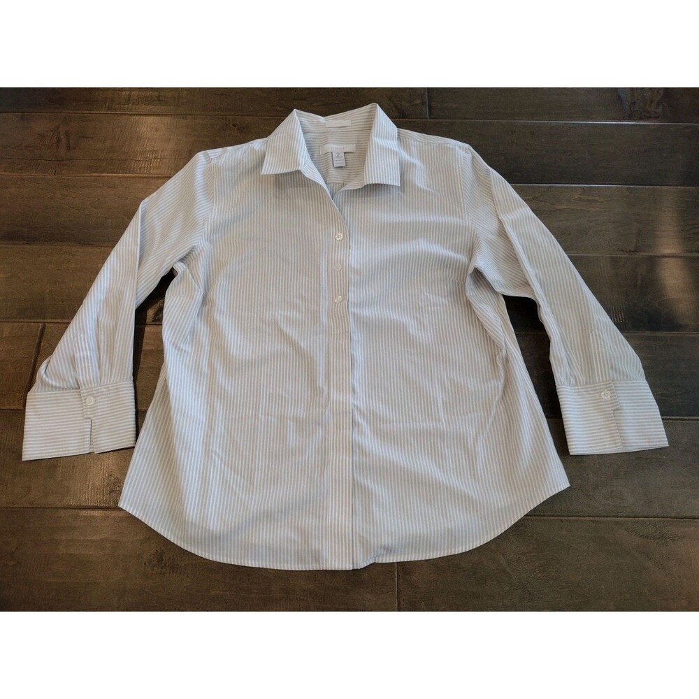CHICO'S Women's No Iron beige striped long-sleeve button blouse shirt - 2 / L